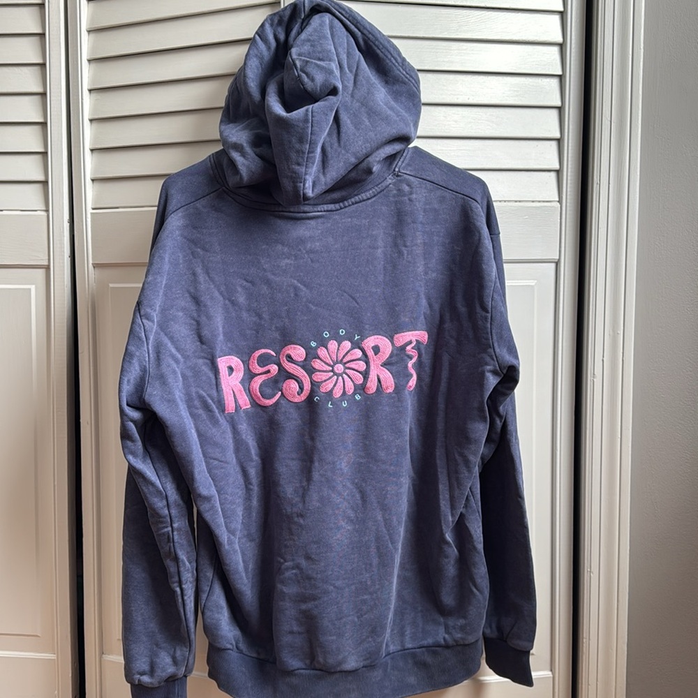 Cotton On dark blue beach fleece hoodie embroidered with pink letters